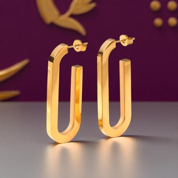 🆕 Sleek 18K Gold Plated Stainless Steel Modern U-Shape Statement Earrings - Picture 1 of 14